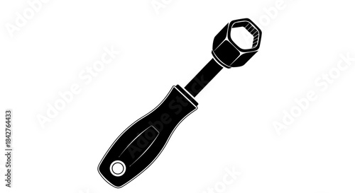 Black and white illustration of a ratchet wrench with a hexagonal socket on a plain background