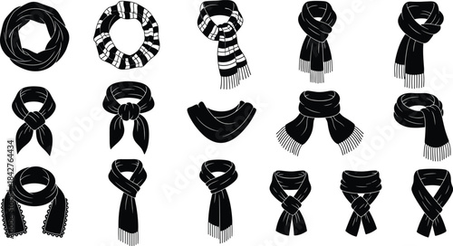 Collection of various scarf designs and tying styles winter fashion accessory set showcasing knots wraps loops decorative neckwear illustration silhouette set