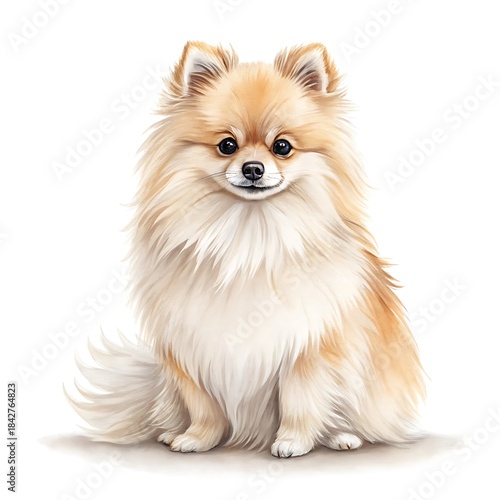 Fluffy pomeranian dog portrait watercolor style isolated on white background