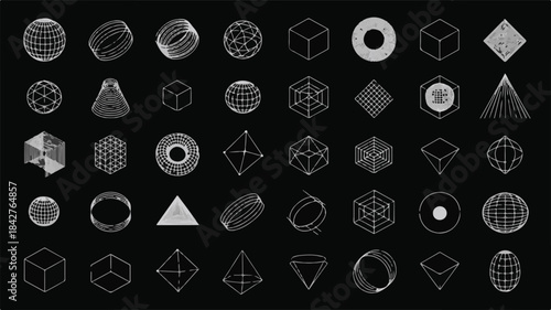 Collection of white wireframe geometric shapes on a black background