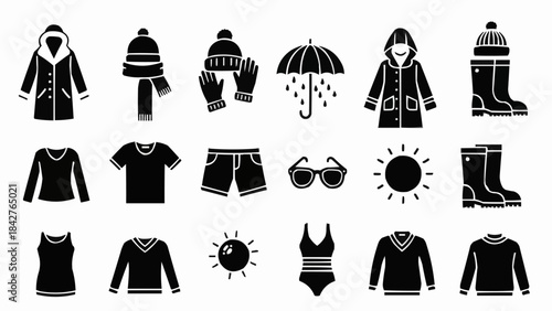 Collection of Clothing and Accessories for Different Weather Conditions.