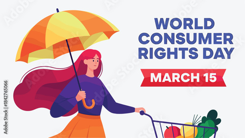 Illustration of vibrant illustration of a woman holding an umbrella and shopping cart on world consumer rights day