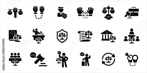 justice icons set. justice, lawyer, criminal, jury, court, judgment, legal and more. simple solid vector