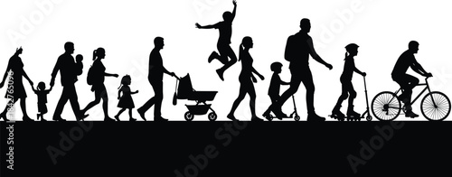 Crowd of people walking biking skating scootering and pushing strollers silhouette scene showing active family lifestyle outdoor movement community activity diversity