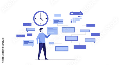 A man in blue shirt and dark pants standing under a clock with various text boxes and a calendar around him illustrating time management and organization