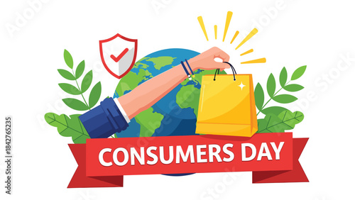 Illustration of vibrant illustration of a hand holding a shopping bag with a globe and leaves on consumers day