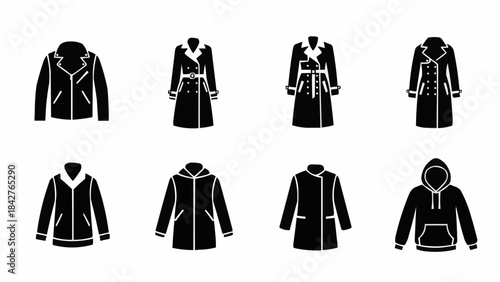 Collection of eight black outerwear clothing items displayed in two rows.