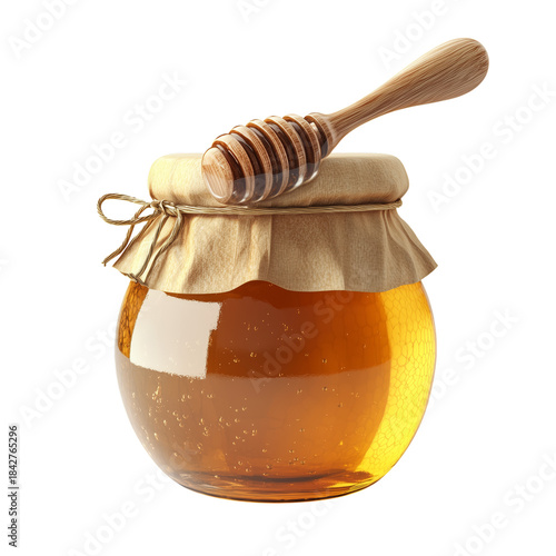 Honey Jar With Wooden Dipper and Paper Cover on Top