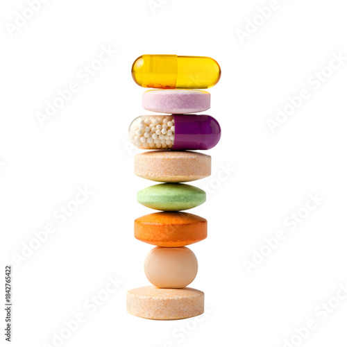Colorful pills and capsules isolated on transparent background