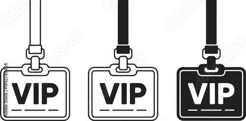 Three black and white V I P badge with different color schemes and outlines VIP badge