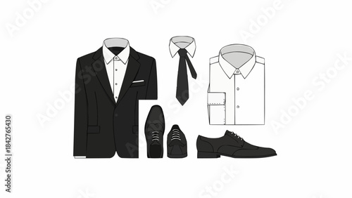 Classic Mens Formal Wear Collection with Suit Shirt Tie and Shoes.
