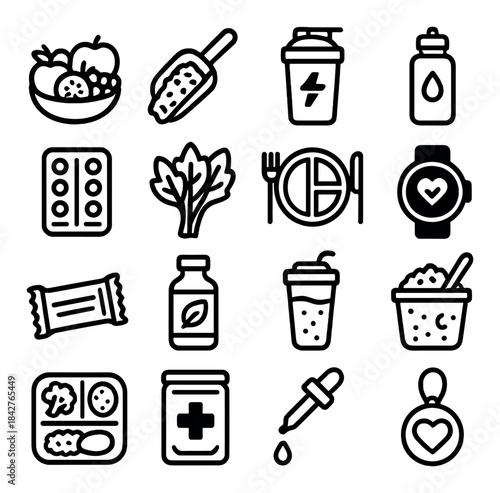 Collection of fitness and nutrition icons for health and wellness