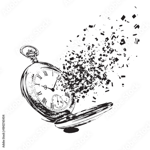 Antique Pocket Watch Dissolving into Particles in a Monochrome Illustration.