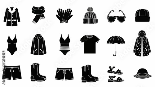Collection of Black and White Fashionable Clothing and Accessories Icons.