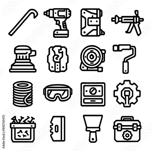 Assorted black tool icons on grey background