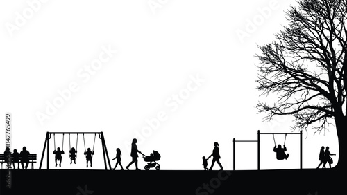 Families and children enjoying outdoor playground swings walking together in community park environment under large tree silhouette peaceful leisure lifestyle scene