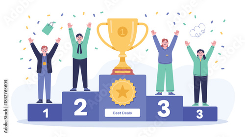 Illustration of four people standing on a podium with a trophy and confetti
