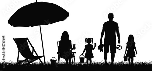 Family enjoying outdoor beach day silhouette with umbrella chairs children holding buckets relaxed summer vacation leisure scene peaceful holiday atmosphere
