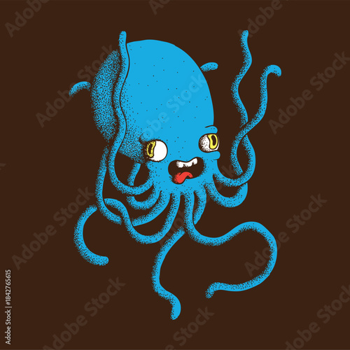 Hand drawn dot work vector illustration. T-shirt print with cute cartoon character. Cross eyed crazy blue octopus with wriggling tentacles on brown background. Concept of sea, seafood, ocean animal
