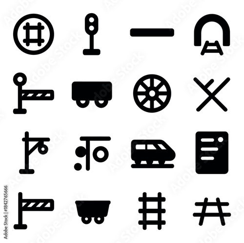 Railway icons set: trains, signals, tracks, and barriers in black silhouettes