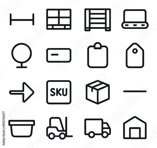 Set of warehouse and logistics line icons on gray background