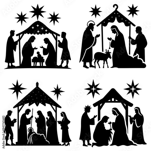Nativity scene with stars and figures on transparent background christmas silhouette