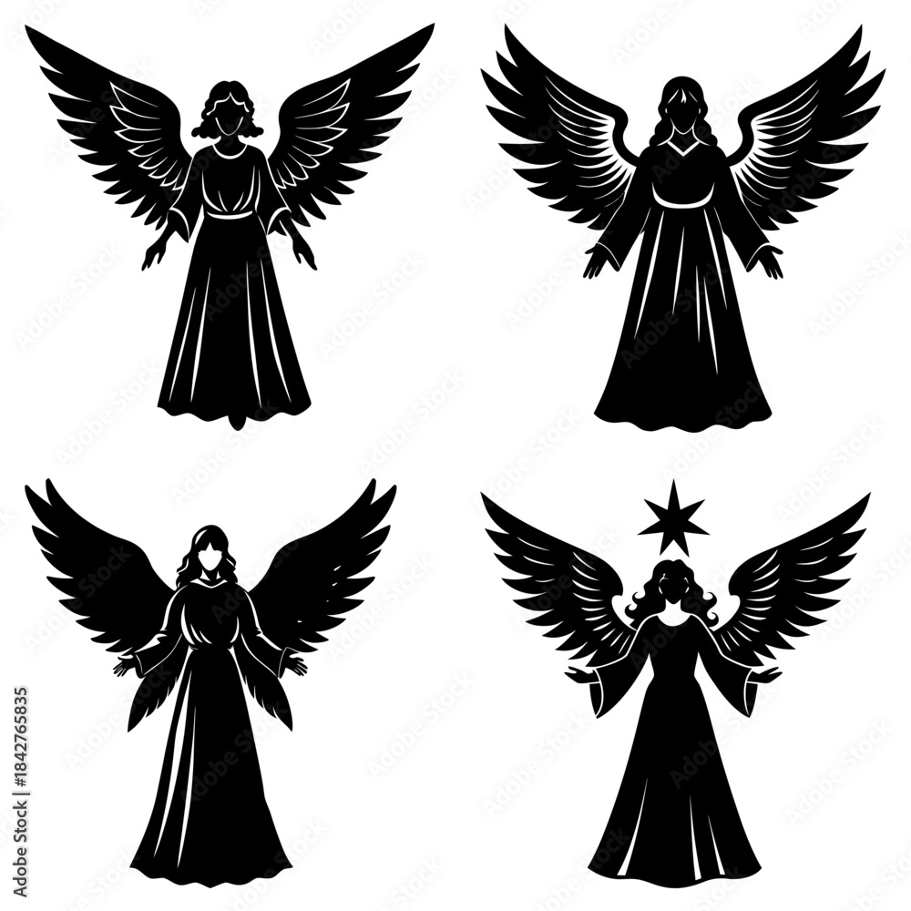 Naklejka premium Four Angels with Wings and Long Dresses Silhouette on White Background black