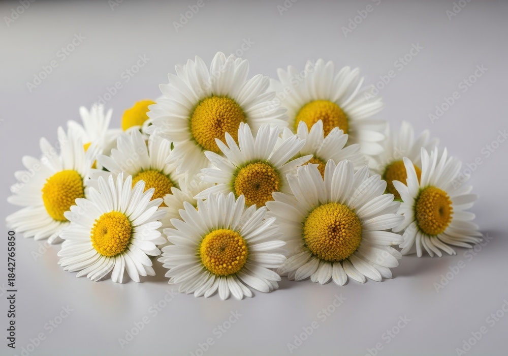 Obraz premium Cluster of white and yellow daisy blossoms rests upon a smooth, light surface