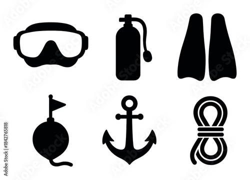 Diving equipment icons: goggles, tank, fins, buoy, anchor, rope silhouettes