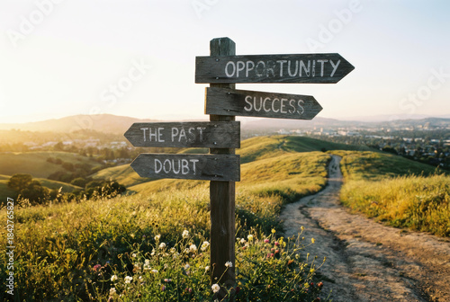 Concept business success background challenge inspire traveler choosing path toward opportunity and growth among hills sunset with thoughtful emotion Concept of challenge or career path and change
