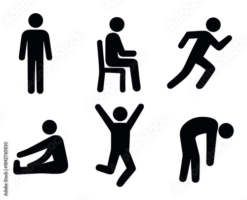 Silhouette icons of various human poses in minimalist black design