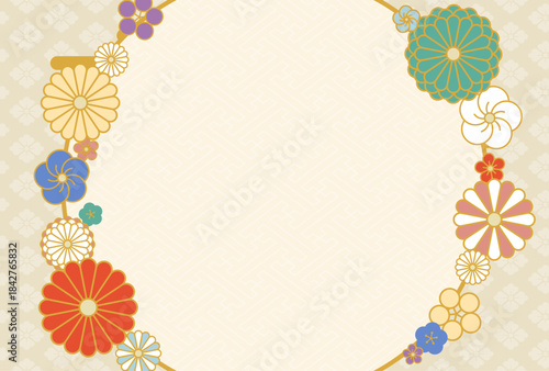 カラフルな花と和柄の背景フレームイラスト　ベージュ