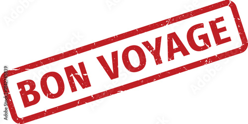 Distressed Red Bon Voyage Rubber Stamp Impression Isolated on White Background, Travel Concept