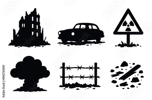 Apocalyptic icons depicting ruins, radiation, and destruction