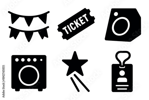 Set of entertainment and music icons featuring ticket, speaker, and more