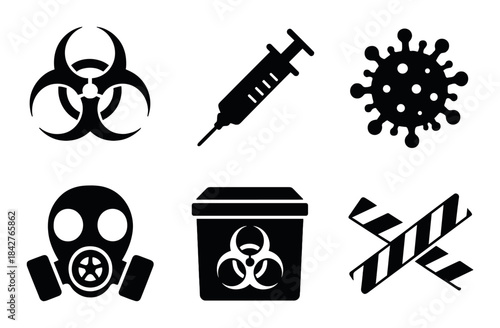 Biohazard and contamination symbols: syringe, gas mask, virus icons