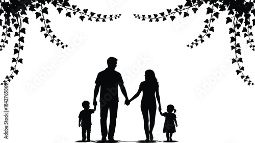 Family silhouette walking together under decorative hanging leaves nature frame design representing love unity parenting outdoor lifestyle harmony illustration scene