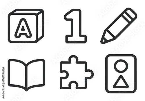 Educational symbols: block, number, pencil, book, puzzle, card icons on dark background