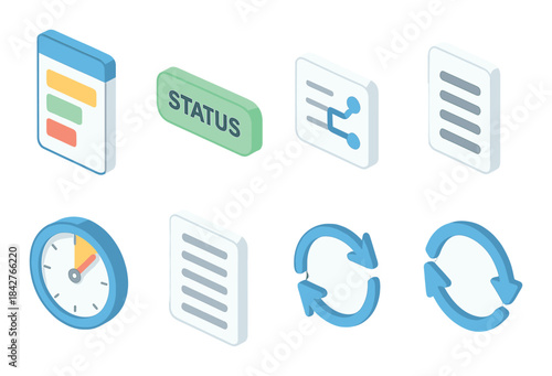 3d isometric business icons set: workflow status and synchronization design elements