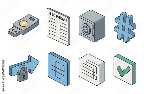 Cryptocurrency security elements: usb, seed phrase, safe, hash symbol, lock