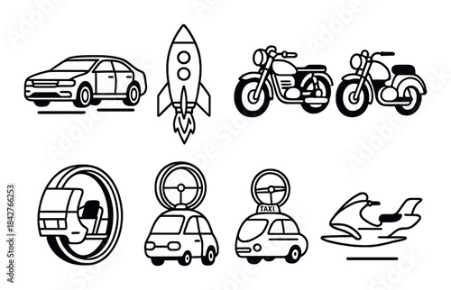Futuristic and classic vehicle icons: car, rocket, motorcycle, monowheel, drone cars, jet ski