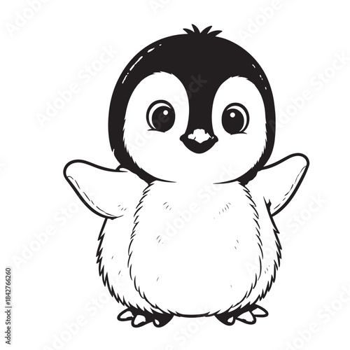 Cute cartoon penguin chick with fluffy wings in a playful illustration.