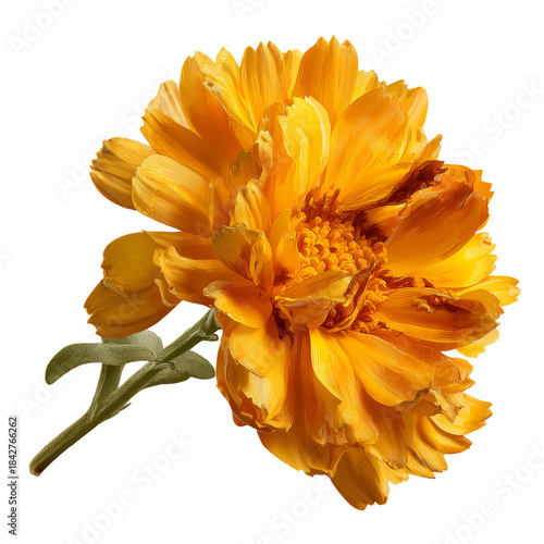 Bright Yellow Flower With Many Petals and Green Stem on a White Background