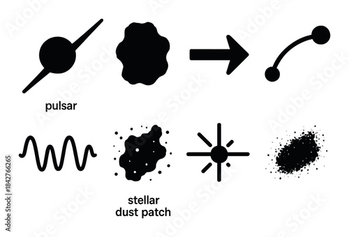 Icon set of cosmic phenomena: pulsar, stellar dust, and more