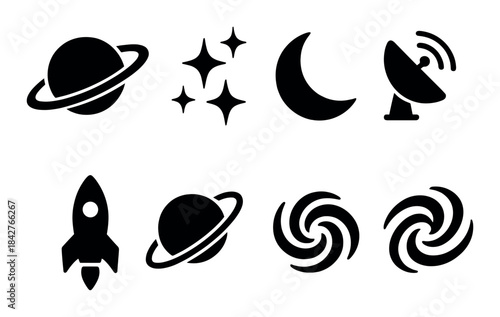 Silhouette icons of space elements: planets, stars, moon, satellite, rocket, galaxy symbols