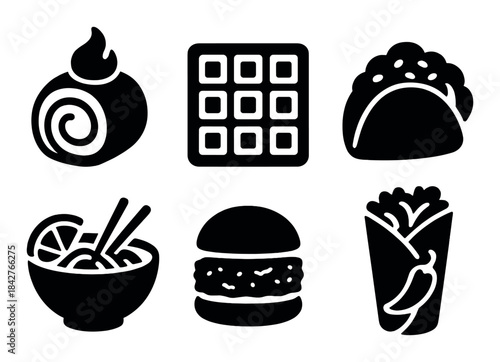Silhouette icons of asian and western fast food including sushi, burger, taco, and noodles
