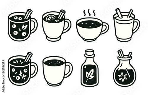 Variety of hot drinks and bottled syrups with decorative elements