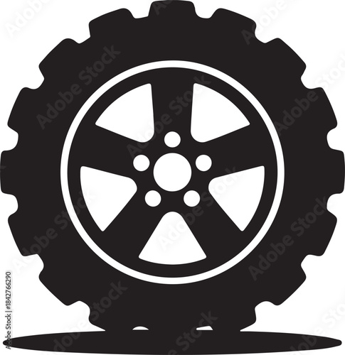 Black and white of a car tire with a five spoke wheel and tread pattern vehicle automotive