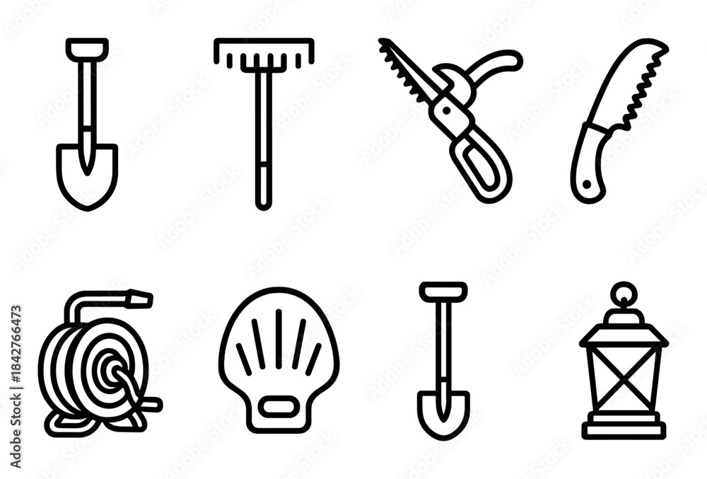 Fototapeta premium Garden tools icons set: shovel, rake, shears, saw, hose, shell, lantern