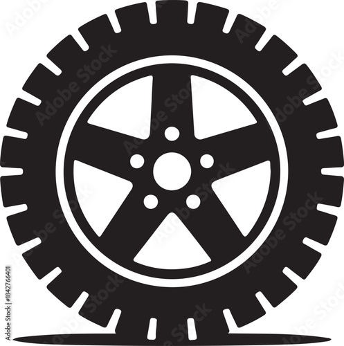 Black car tire with five spoke silver rim and white tire tread pattern on white background